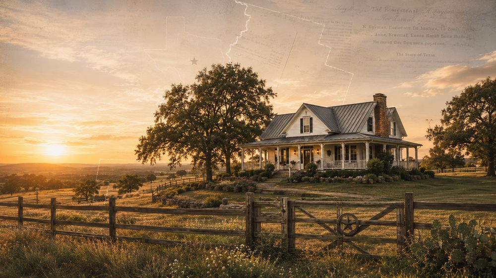 A white Texas farmhouse with a wraparound porch on open Hill Country land