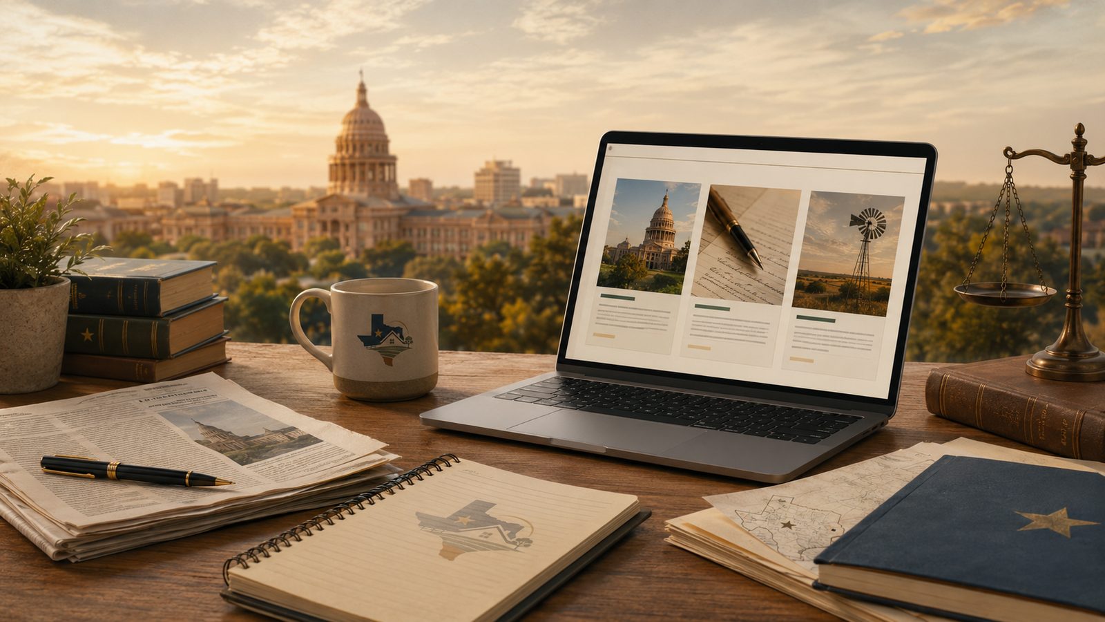 A laptop on a wooden desk showing the Texas Homestead Law site, with the Texas Capitol in Austin at golden hour in the background, alongside law books, a notepad, and a Texas-branded mug.
