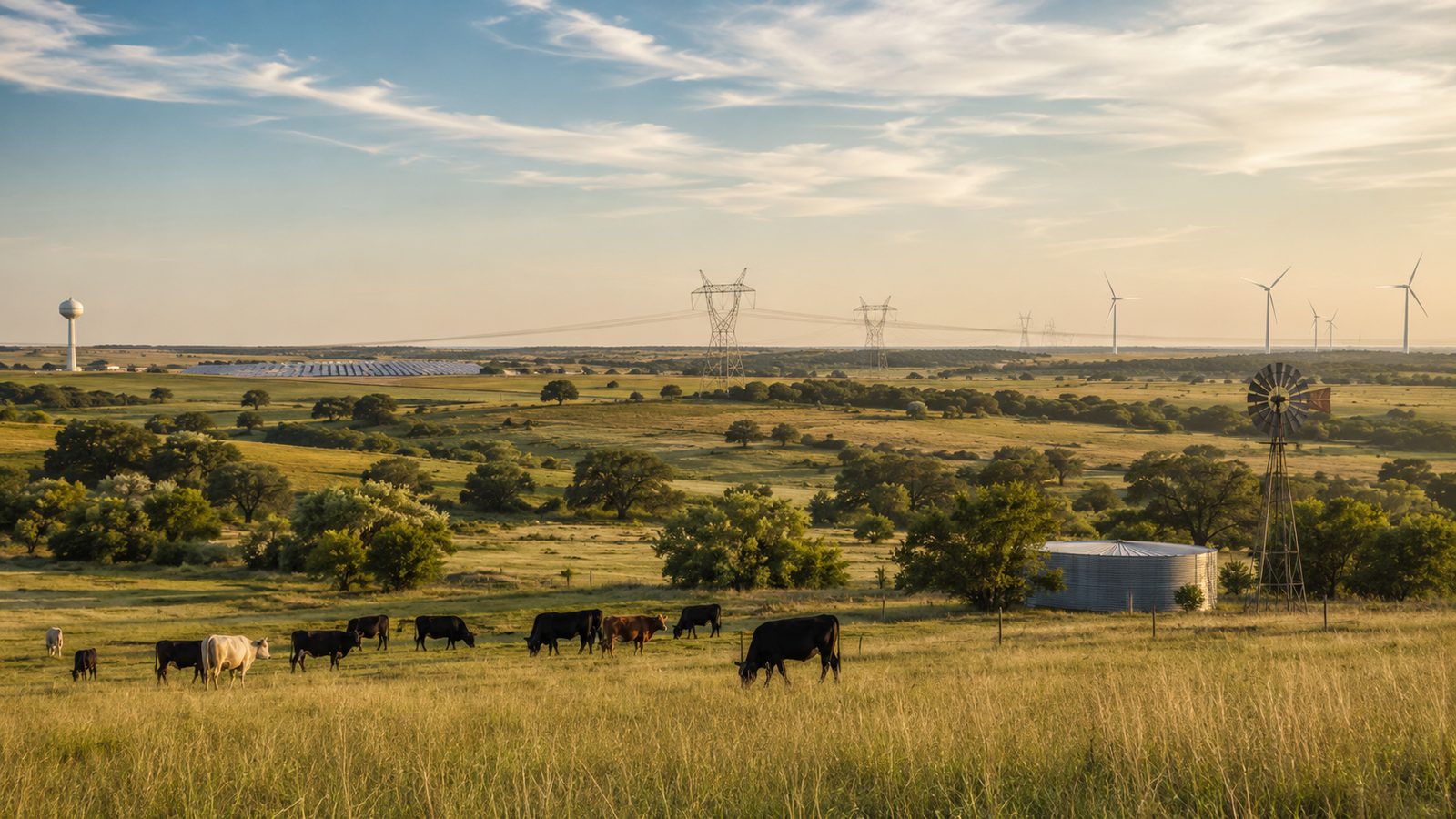 Texas ranchland at golden hour showing the range of development reaching rural land at once: grazing cattle, a windmill and water tank, a solar array, transmission towers, and wind turbines on the horizon.