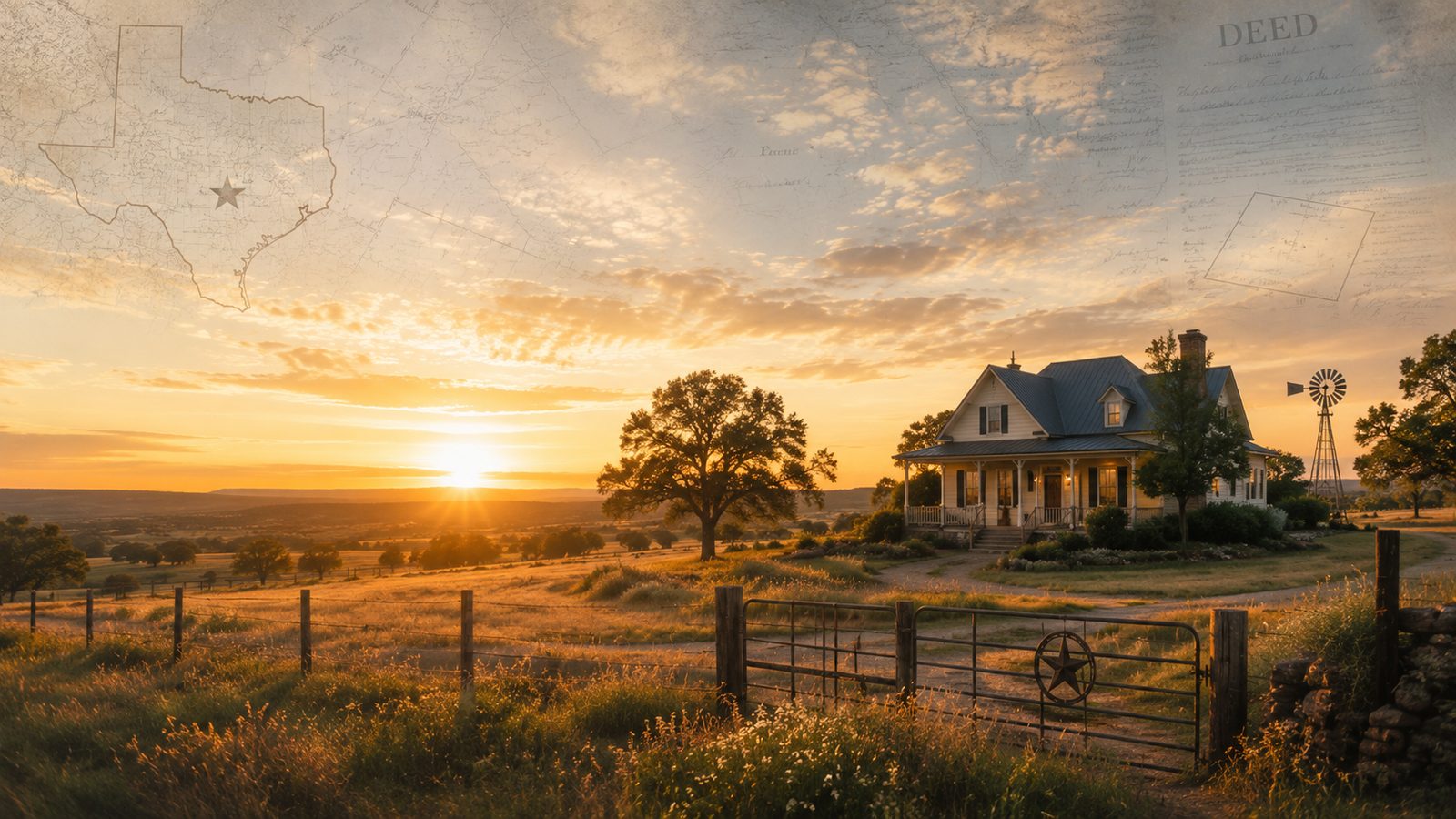 A Texas Hill Country homestead at sunset with a star-emblem ranch gate, an outline of the state, and a faded deed document overlaid across the sky — evoking the connection between land, county records, and ownership.