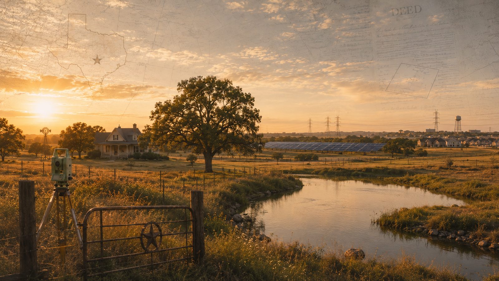 A Texas homestead at sunrise with a surveyor's instrument at the fence line, a winding creek, solar panels and transmission towers in the distance, and a faint state outline and deed document overlaid across the sky.