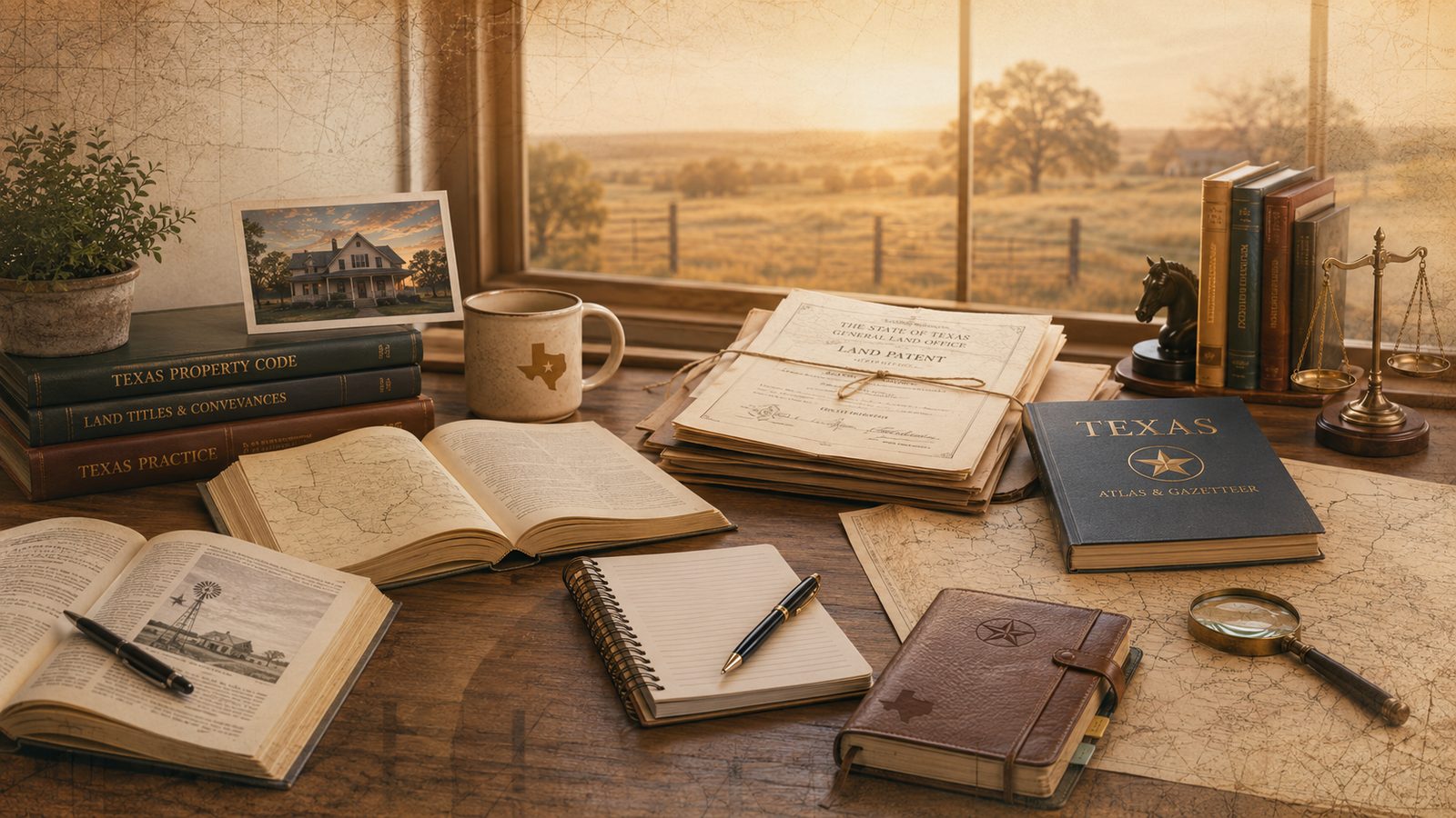 A research desk beside a window overlooking Texas ranchland, with Texas Property Code and land-title books, a General Land Office land patent, old county maps, a notepad, and a magnifying glass.