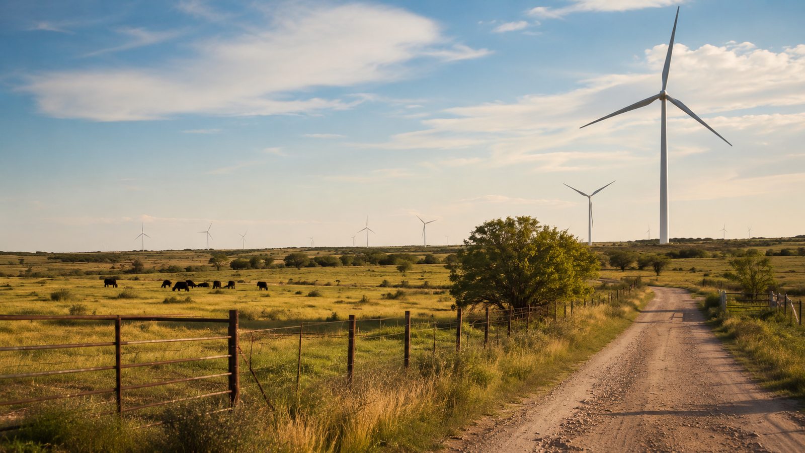 Black cattle grazing in a green Texas pasture beside a dirt ranch road, with wind turbines rising along the horizon under a wide blue sky.