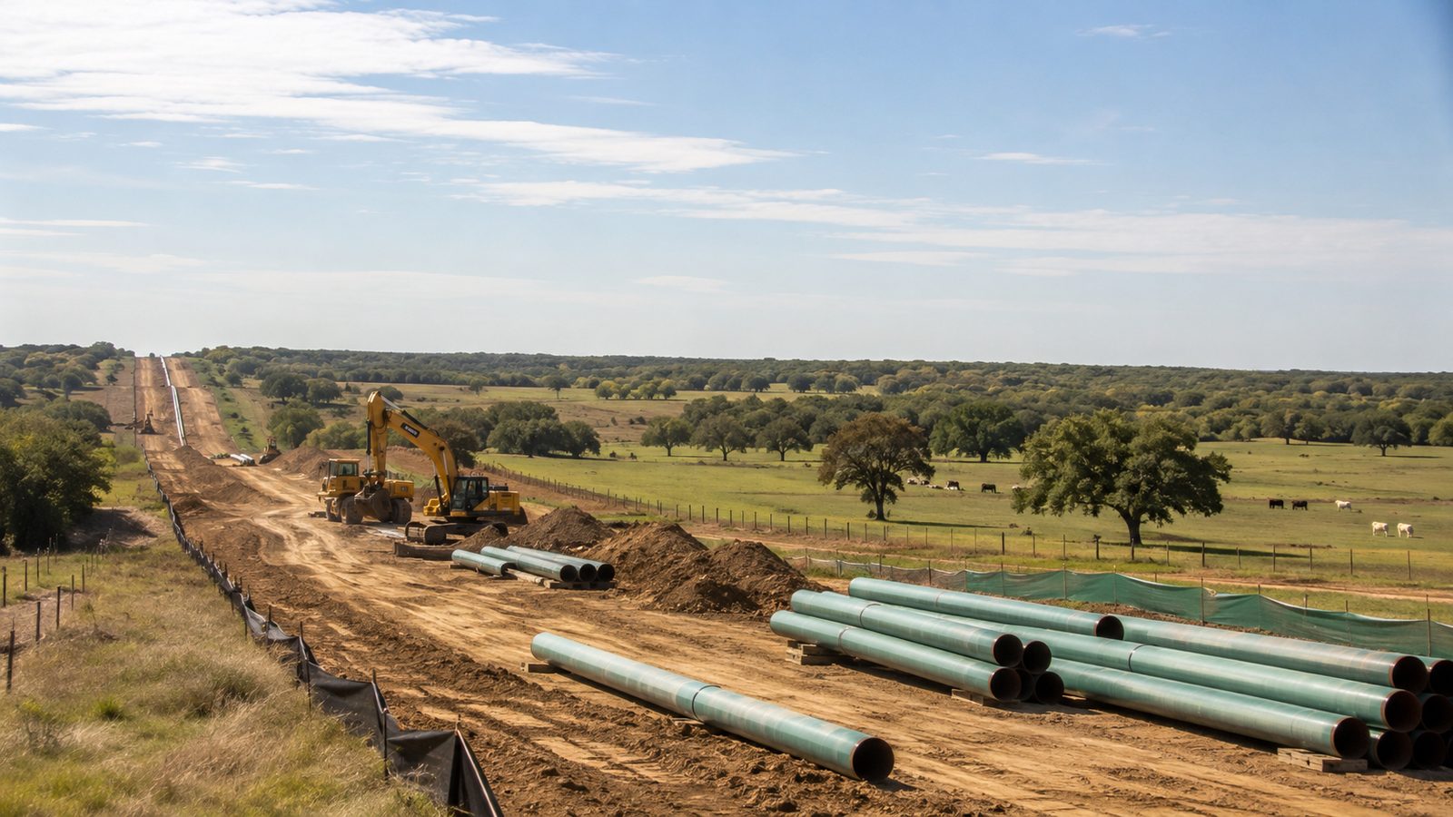 A pipeline right-of-way under construction across Texas ranchland: an excavator, staged sections of coated pipe, and a cut trench running to the horizon beside a fenced pasture with grazing cattle.