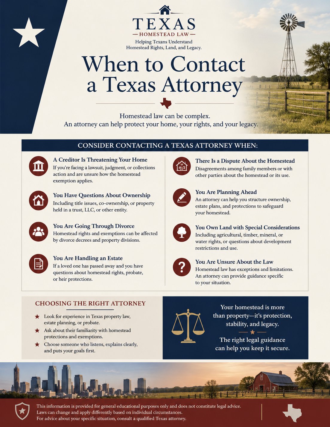 Texas Homestead Law infographic: When to Contact a Texas Attorney — situations including a creditor threatening your home, questions about ownership, divorce, handling an estate, homestead disputes, planning ahead, land with special considerations, and being unsure about the law.